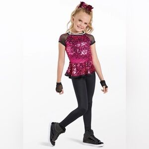 Weissman Fuchsia Sequin Dance Recital Costume Peplum Top w/ Black Leggings SC